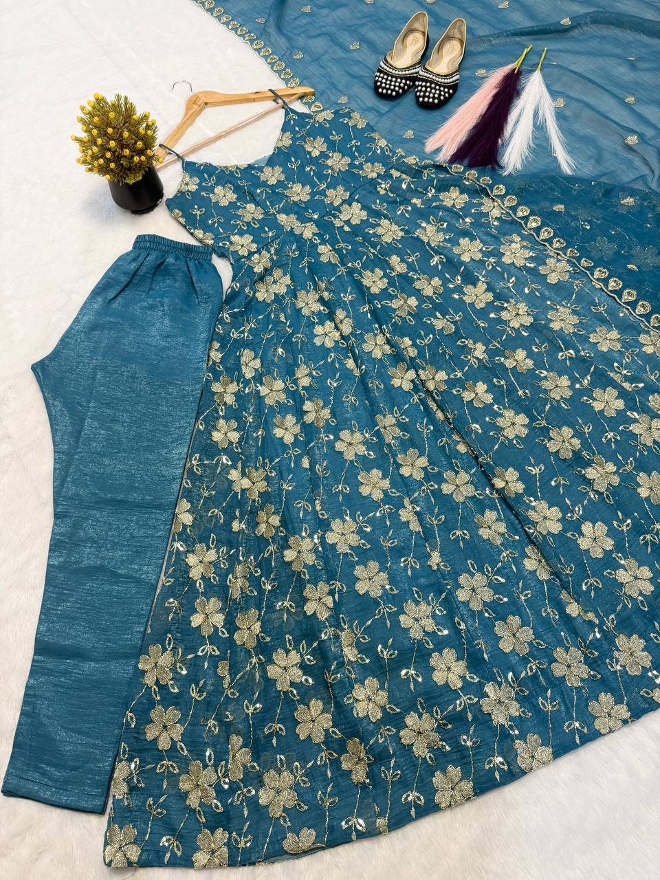 Rama Green Floral Couture Set - Evening Wear